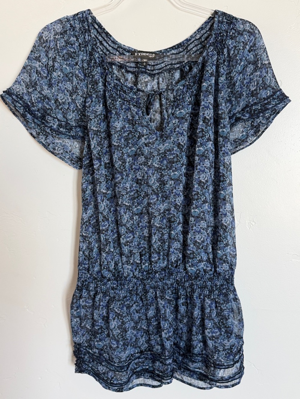 Blue Floral Short Sleeve Tunic Sheer Lightweight Casual Top
